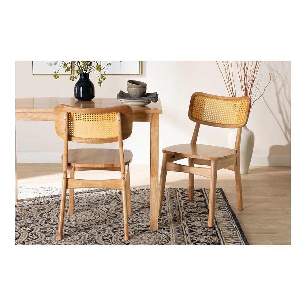 Oak Brown Finished Wood and Rattan 2-Piece Dining Chair Set