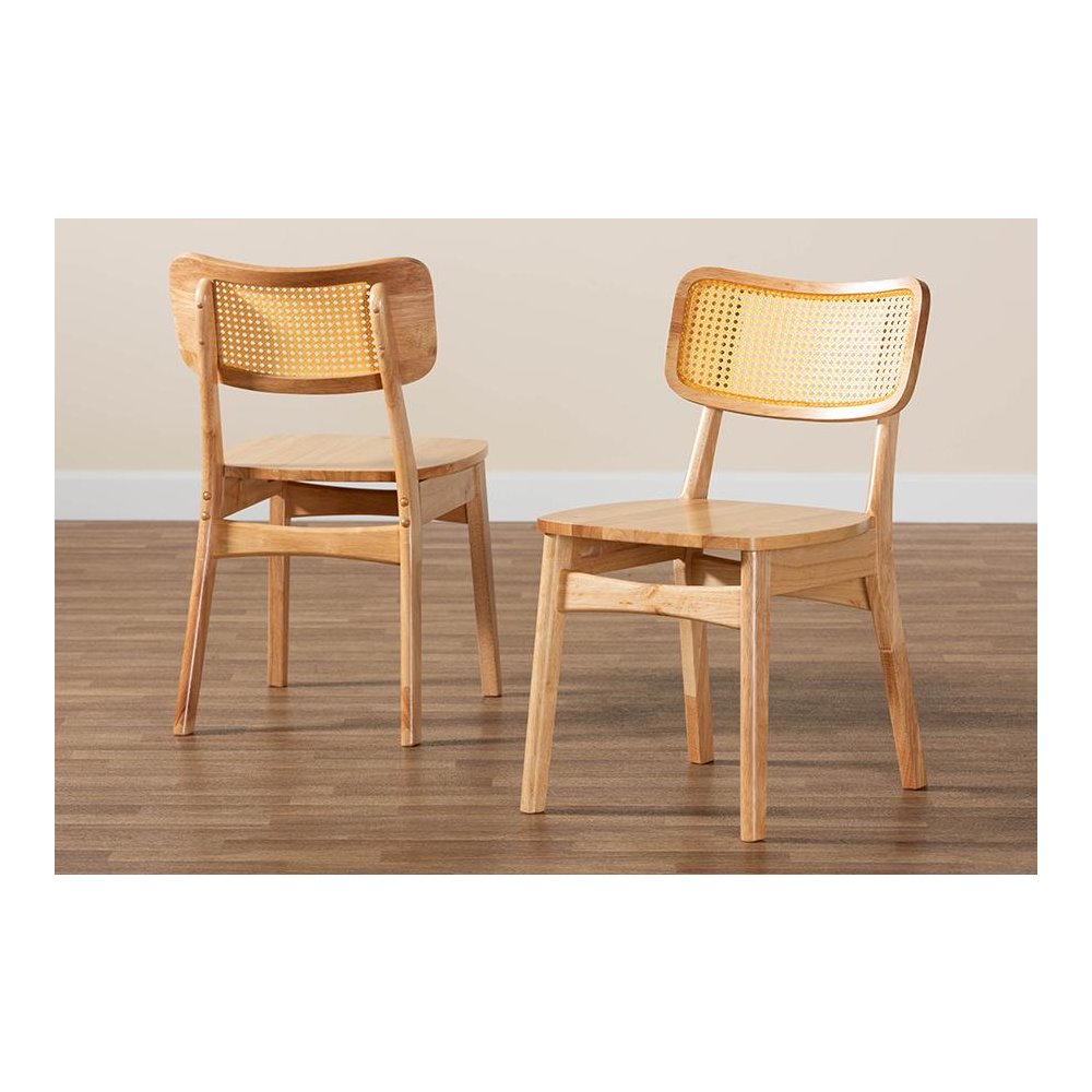 Oak Brown Finished Wood and Rattan 2-Piece Dining Chair Set