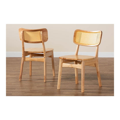 Oak Brown Finished Wood and Rattan 2-Piece Dining Chair Set