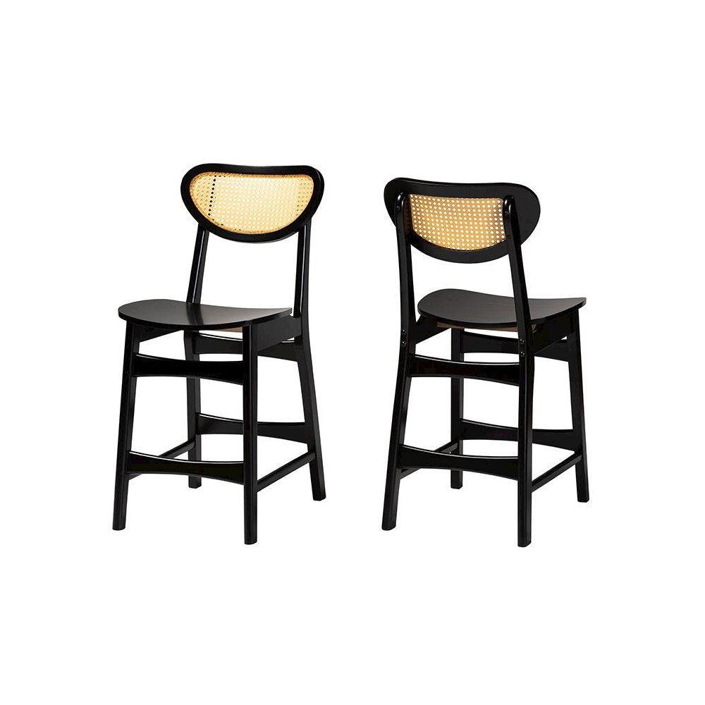 Dark Brown Finished Wood and Rattan 2-Piece Counter Stool Set