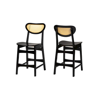 Dark Brown Finished Wood and Rattan 2-Piece Counter Stool Set