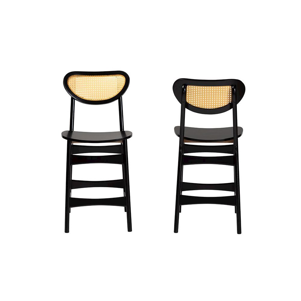 Dark Brown Finished Wood and Rattan 2-Piece Counter Stool Set