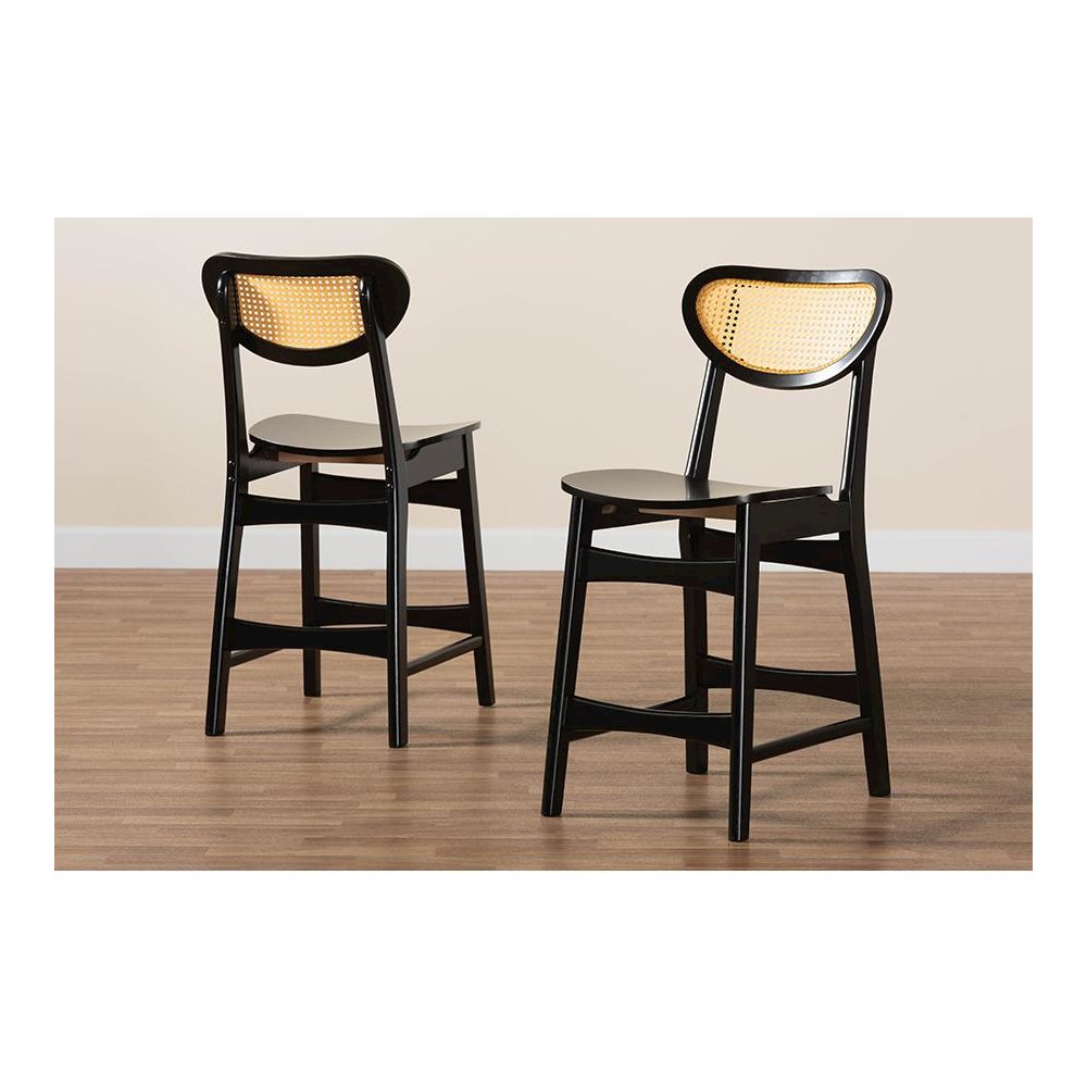 Dark Brown Finished Wood and Rattan 2-Piece Counter Stool Set