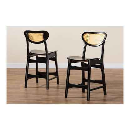 Dark Brown Finished Wood and Rattan 2-Piece Counter Stool Set
