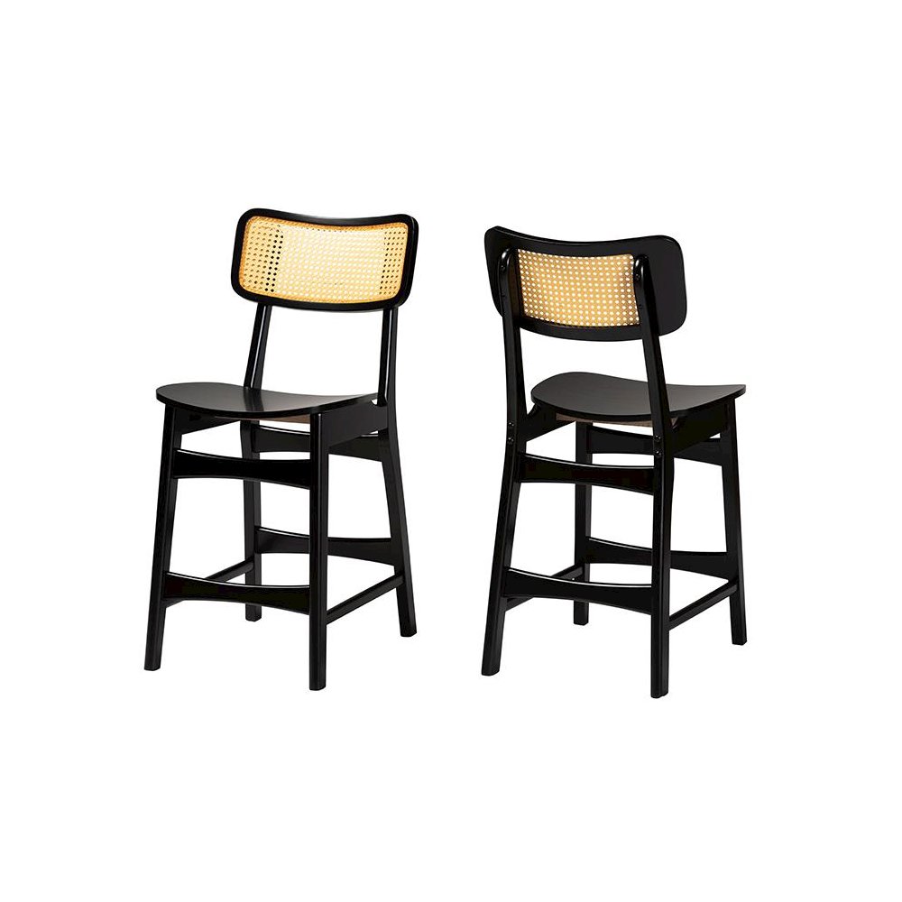 Dark Brown Finished Wood and Rattan 2-Piece Counter Stool Set