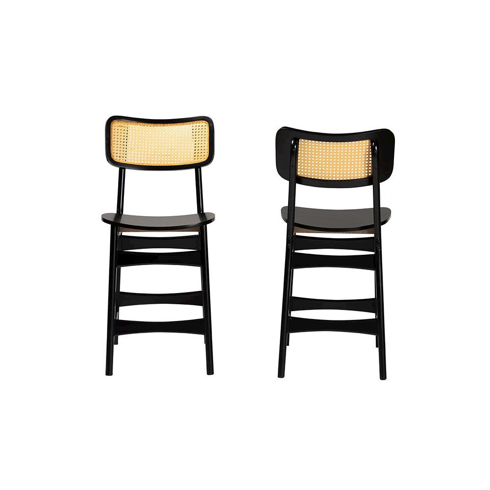 Dark Brown Finished Wood and Rattan 2-Piece Counter Stool Set