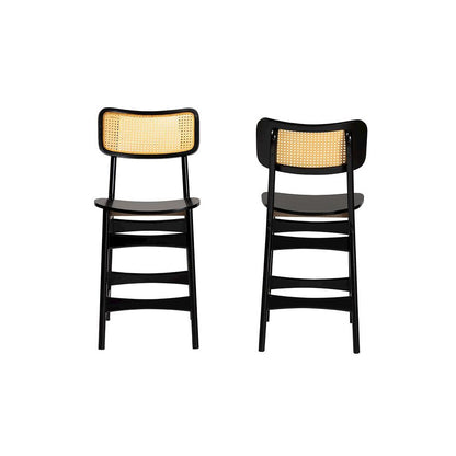 Dark Brown Finished Wood and Rattan 2-Piece Counter Stool Set
