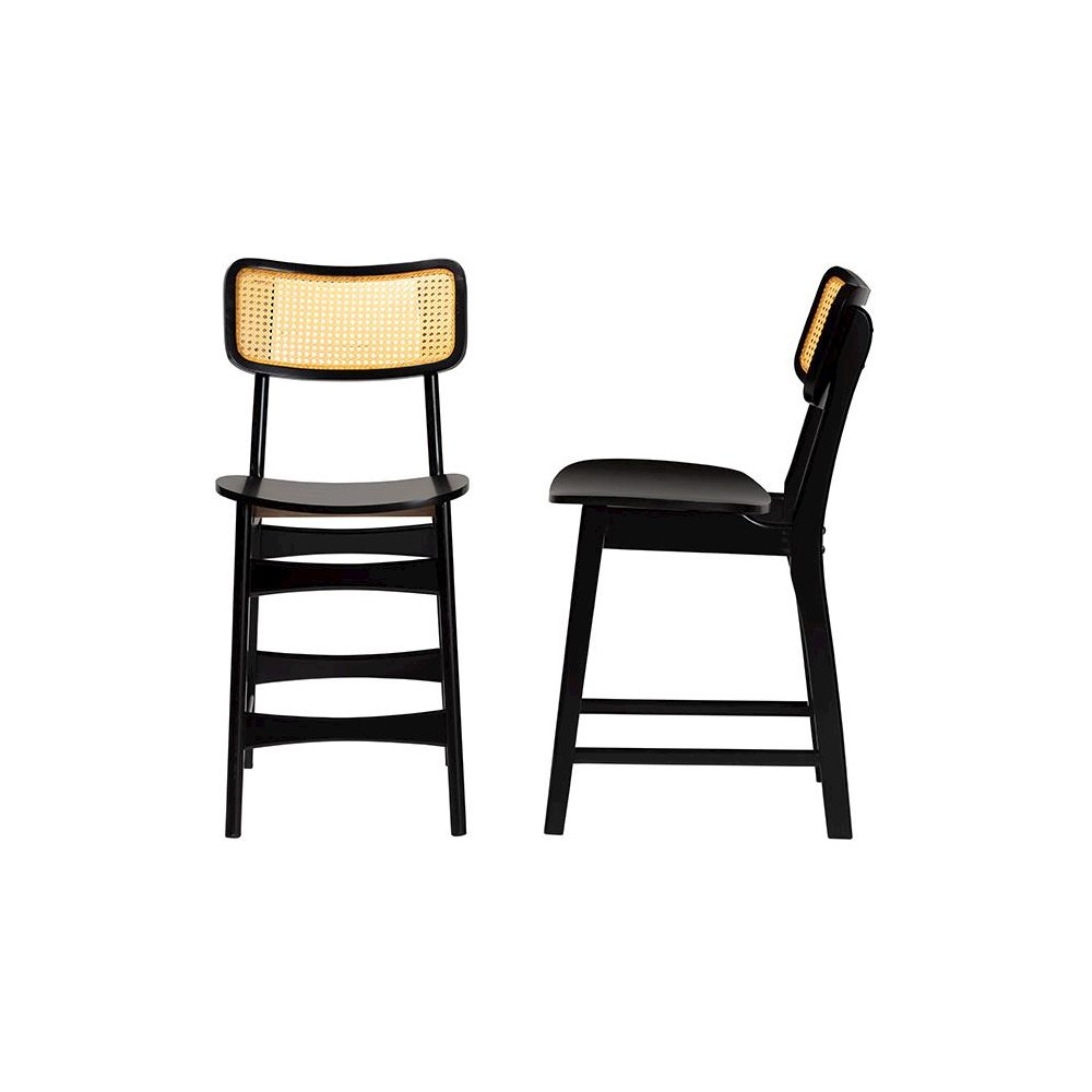 Dark Brown Finished Wood and Rattan 2-Piece Counter Stool Set