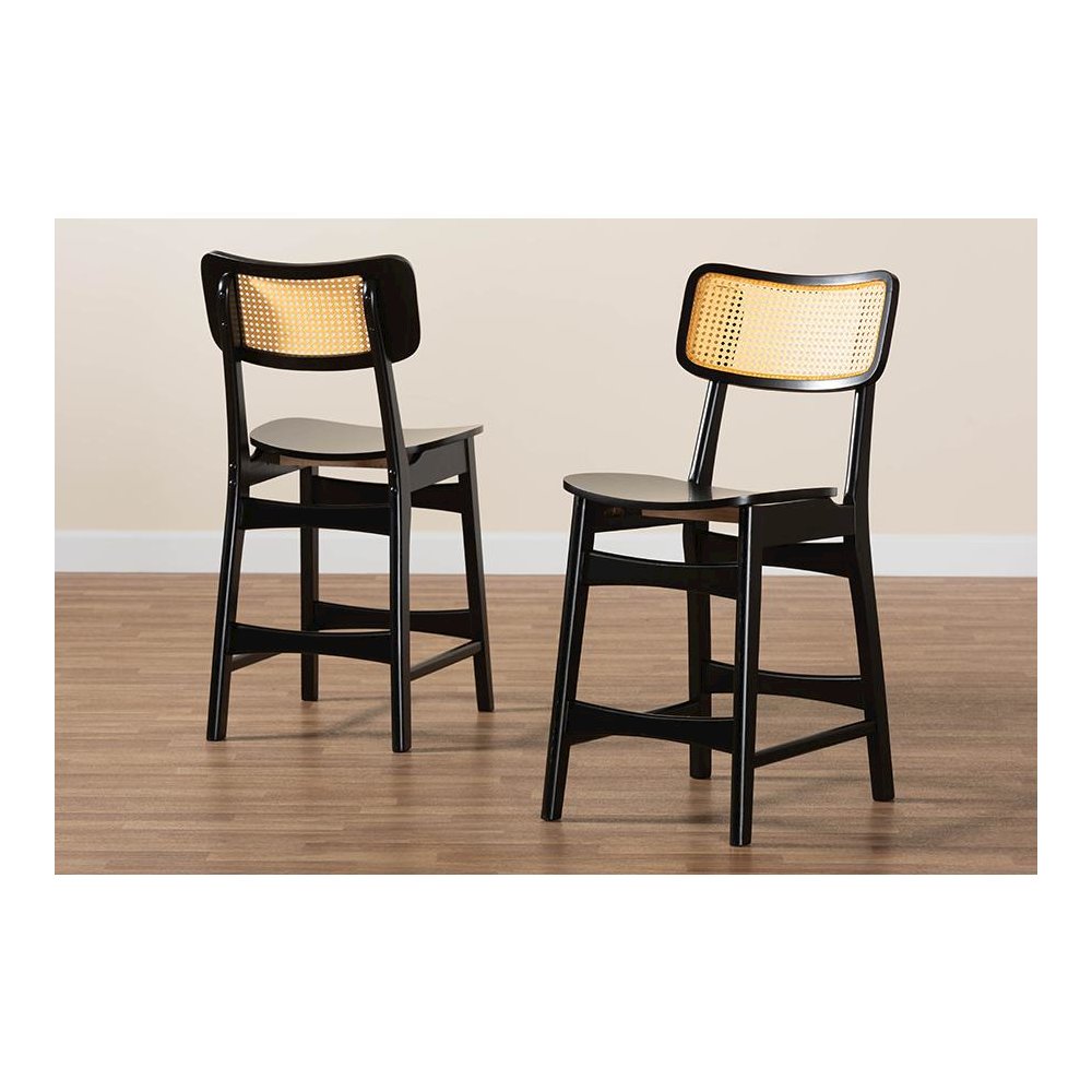 Dark Brown Finished Wood and Rattan 2-Piece Counter Stool Set