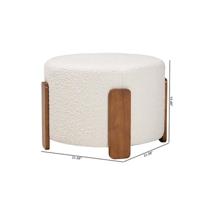 Japandi Cream Boucle Fabric and Walnut Brown Finished Wood Ottoman Footstool