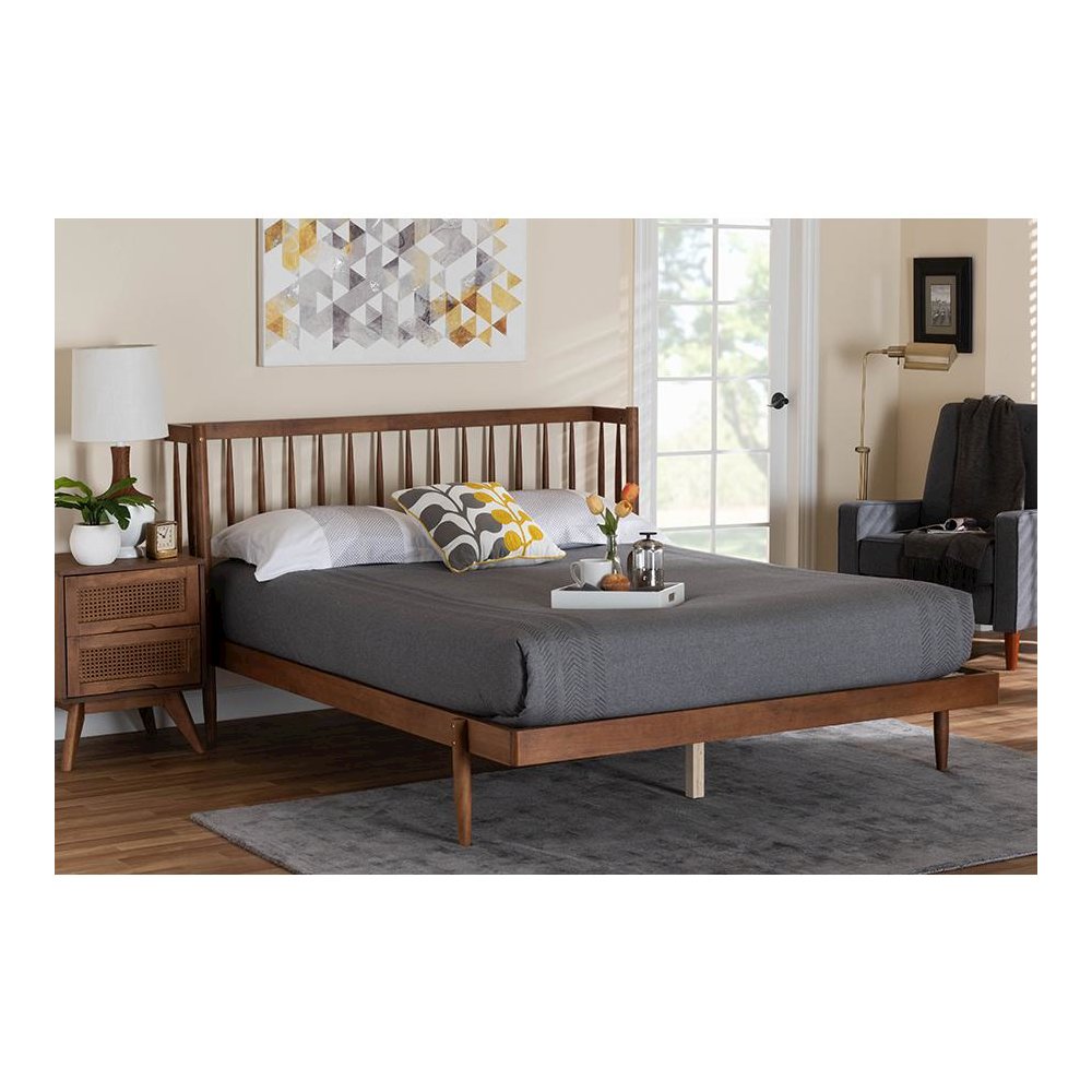 Calderon Retro-Modern Walnut Brown Finished Wood Queen Size Platform Bed