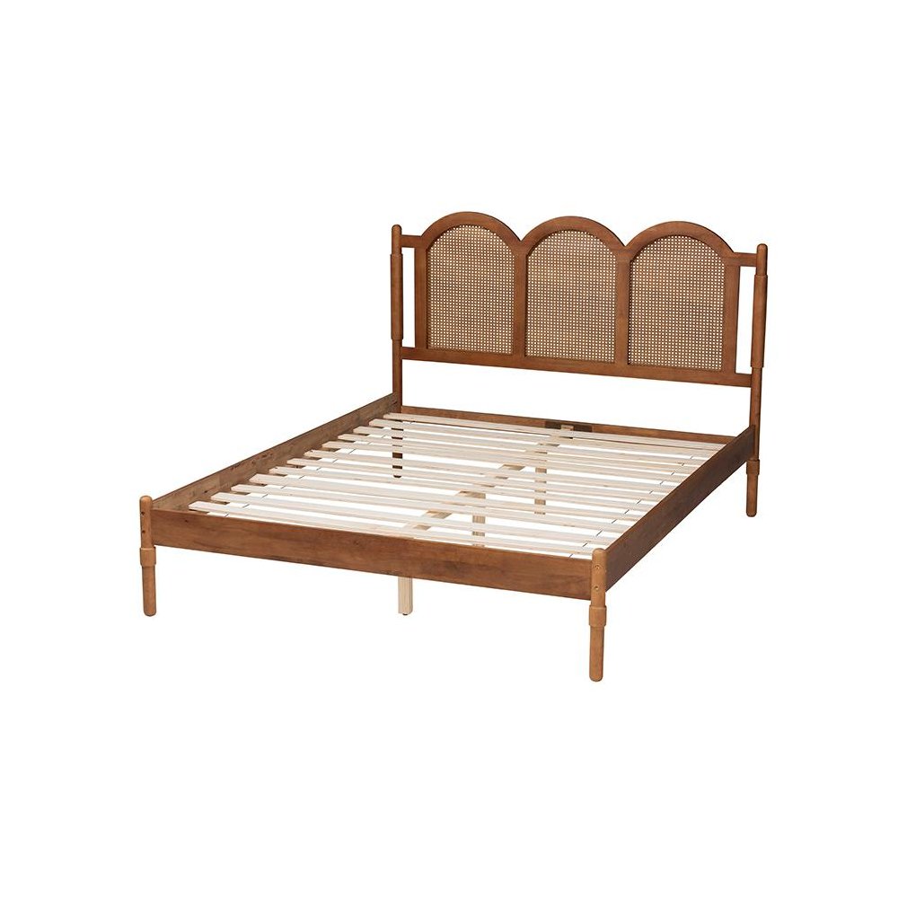 Modern Walnut Brown Finished Wood Queen Size Platform Bed with Woven Rattan