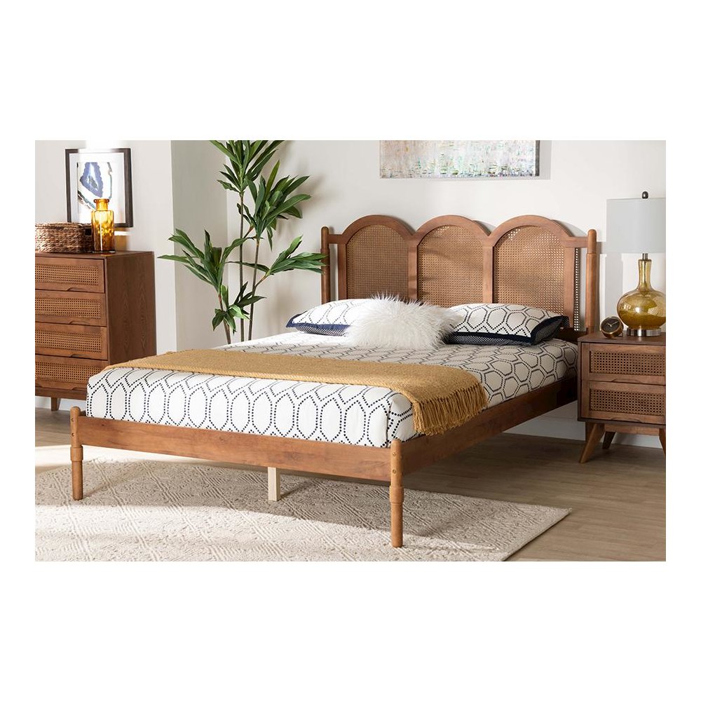 Modern Walnut Brown Finished Wood Queen Size Platform Bed with Woven Rattan