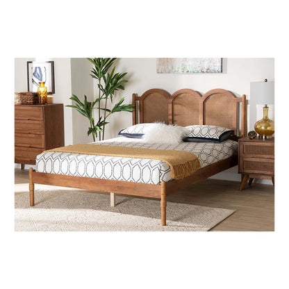 Modern Walnut Brown Finished Wood Queen Size Platform Bed with Woven Rattan