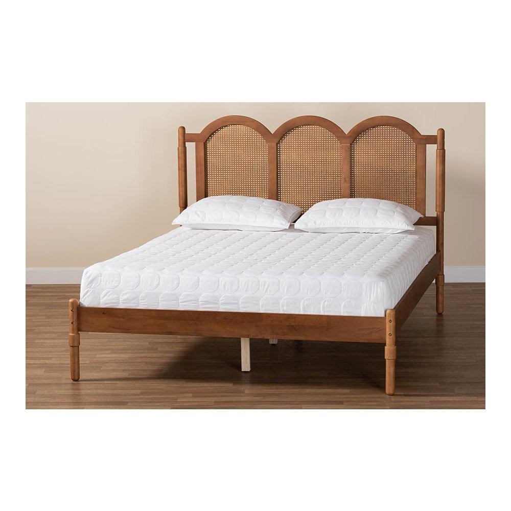 Modern Walnut Brown Finished Wood Queen Size Platform Bed with Woven Rattan