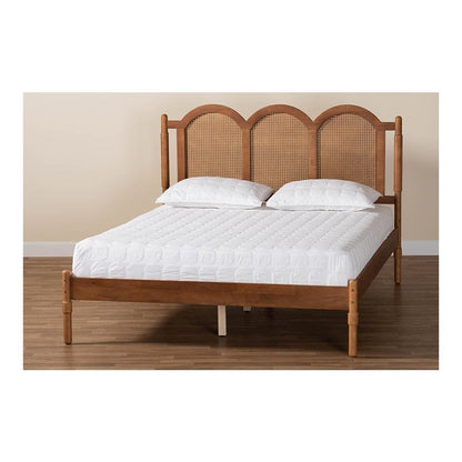 Modern Walnut Brown Finished Wood Queen Size Platform Bed with Woven Rattan