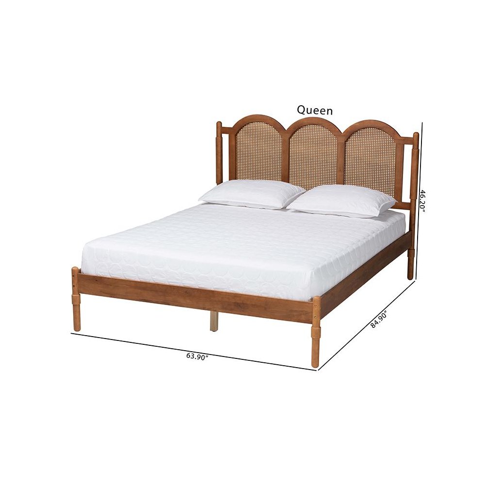 Modern Walnut Brown Finished Wood Queen Size Platform Bed with Woven Rattan