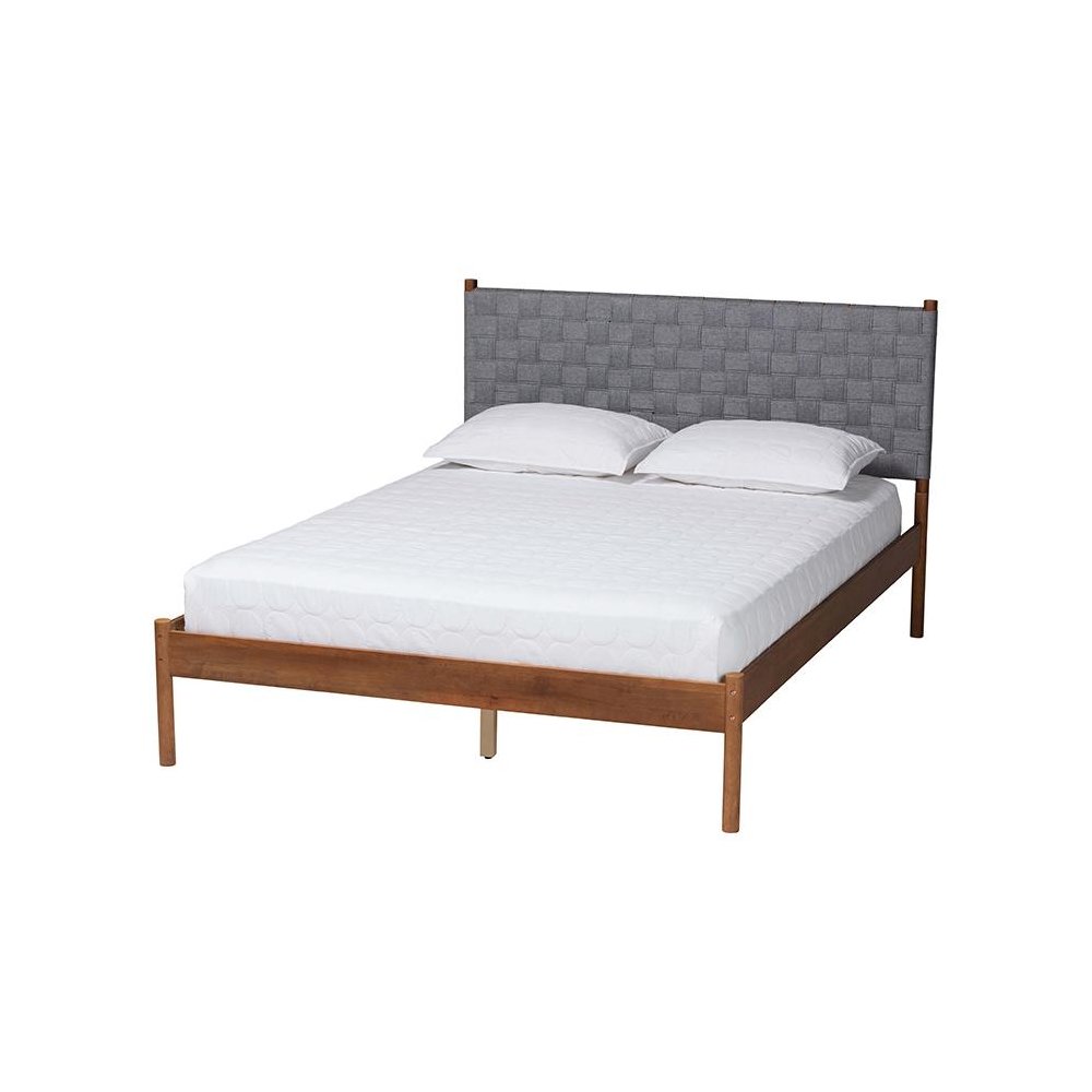 Modern Grey Woven Fabric and Walnut Brown Wood Queen Size Platform Bed