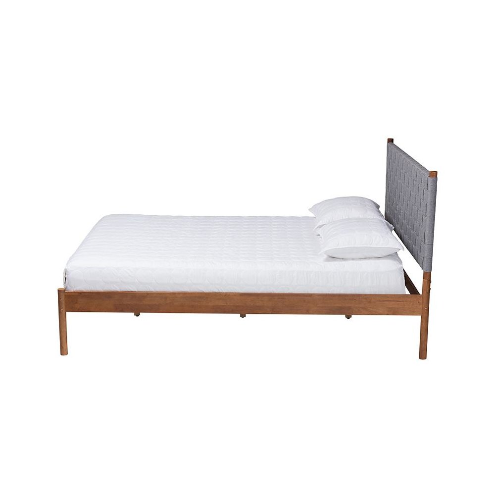 Modern Grey Woven Fabric and Walnut Brown Wood Queen Size Platform Bed