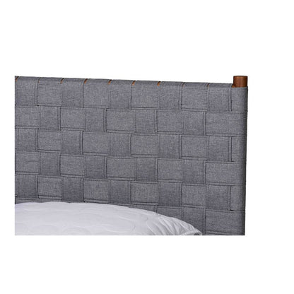 Modern Grey Woven Fabric and Walnut Brown Wood Queen Size Platform Bed