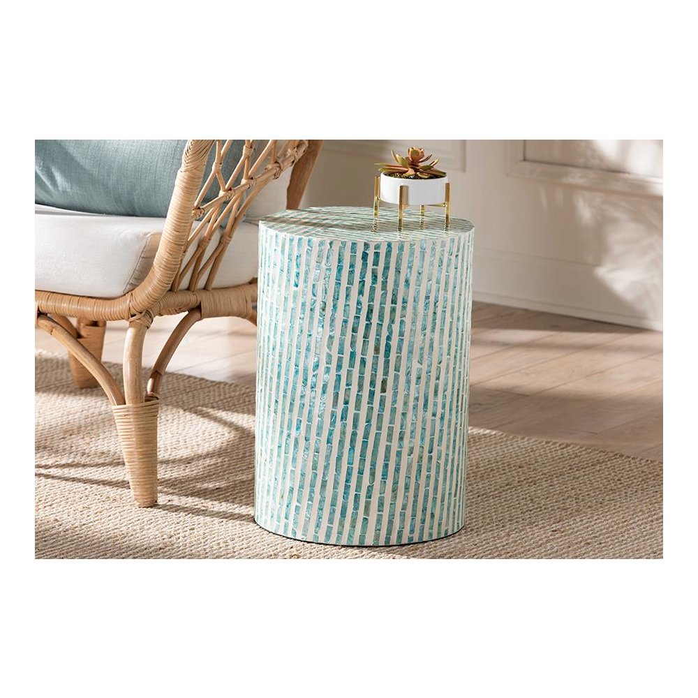 Baxton Studio Draven Modern Bohemian White and Blue Mother of Pearl End Table