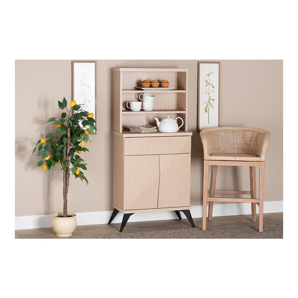 Draper Mid-Century Modern Two-Tone Light Brown and Black Wood Kitchen Cabinet