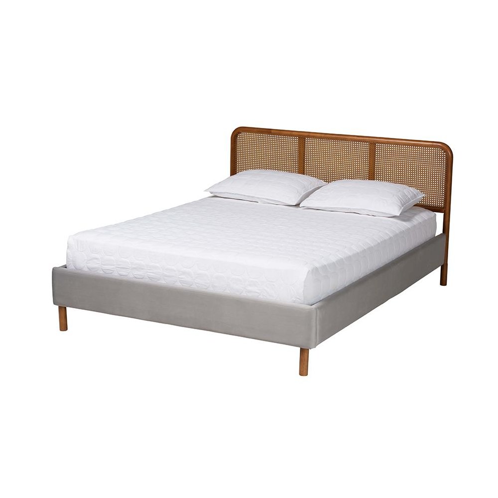 Light Grey Velvet Fabric and Walnut Brown Finished Wood Queen Size Platform Bed