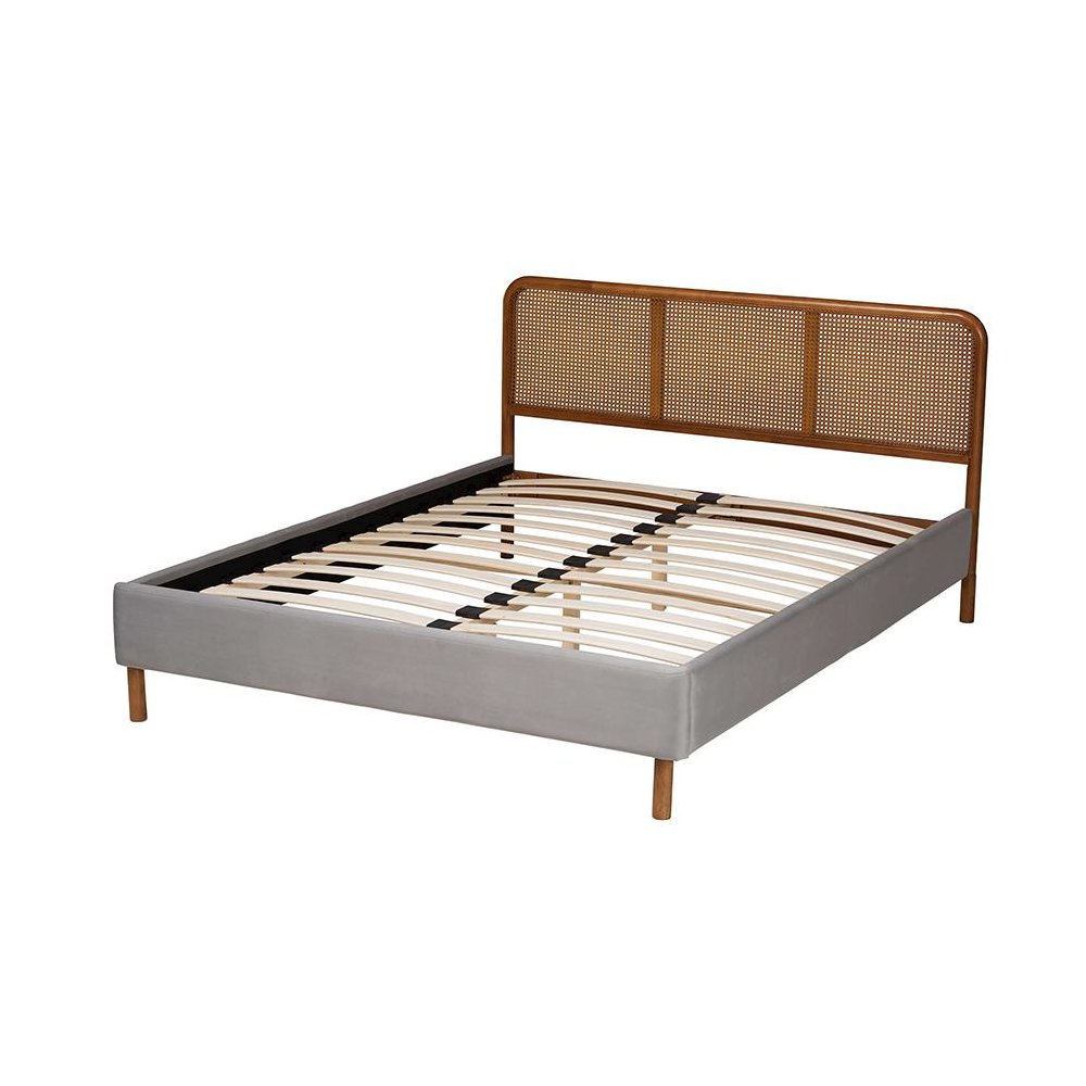 Light Grey Velvet Fabric and Walnut Brown Finished Wood Queen Size Platform Bed