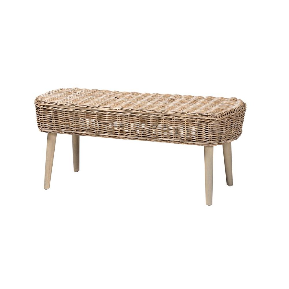 Raisa Modern Bohemian Natural Kubu Rattan and Grey Acacia Wood Accent Bench