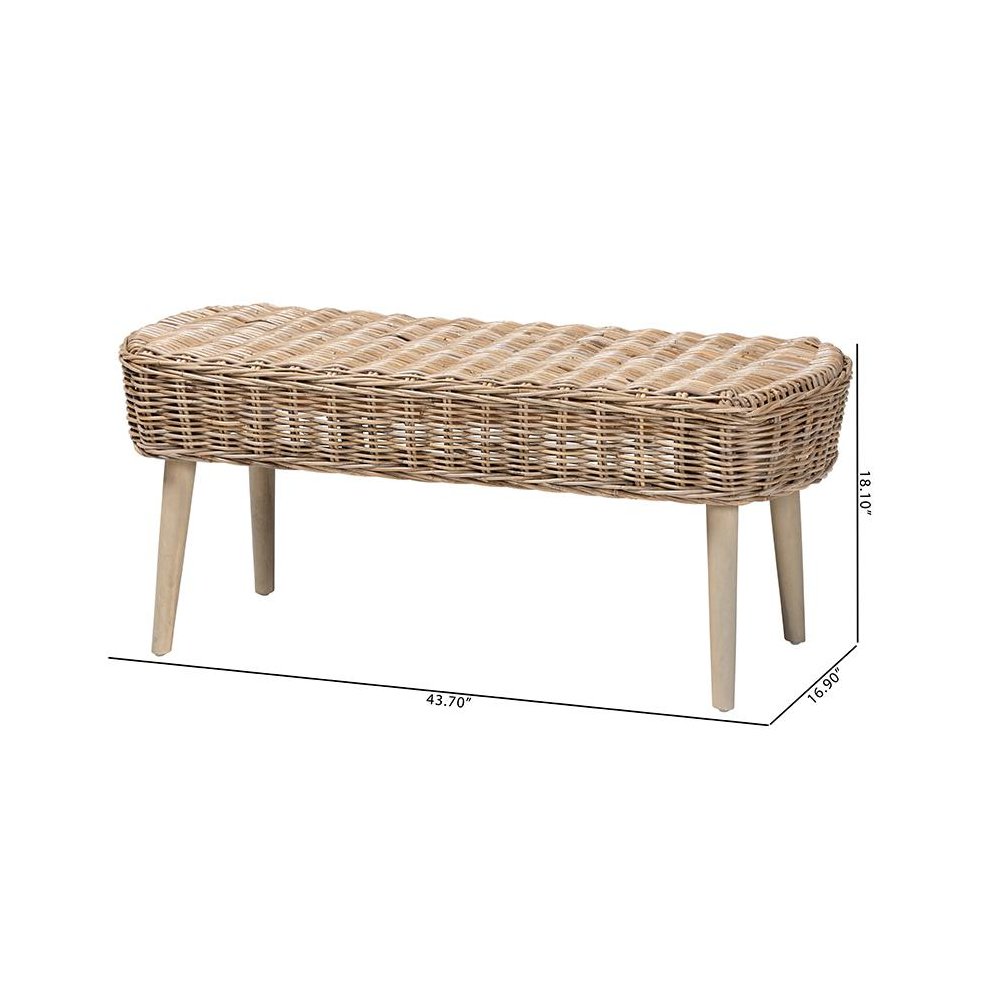 Raisa Modern Bohemian Natural Kubu Rattan and Grey Acacia Wood Accent Bench
