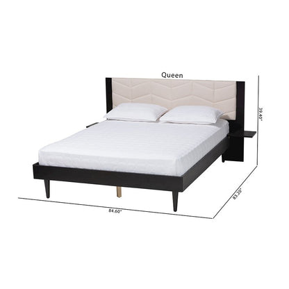 Beige Fabric and Black Wood Queen Size Bed with Built-In Side Tables