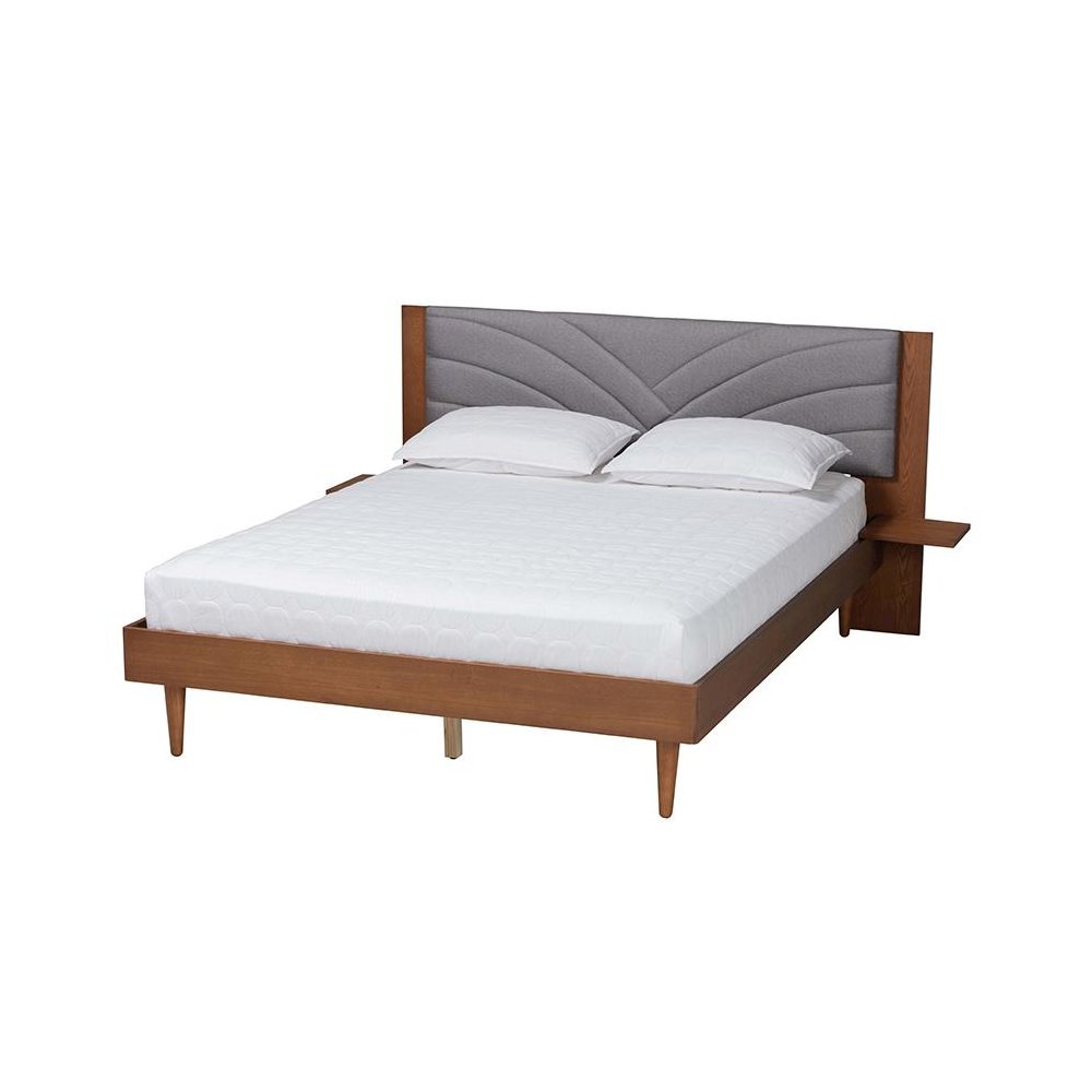 Walnut Brown Wood Queen Size Platform Bed With Floating Side Table