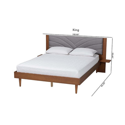 Walnut Brown Wood Queen Size Platform Bed With Floating Side Table