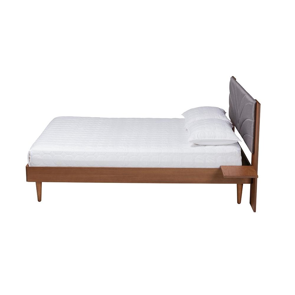 Walnut Brown Wood Queen Size Platform Bed With Floating Side Table