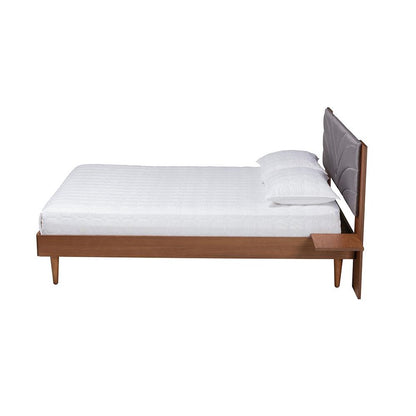 Walnut Brown Wood Queen Size Platform Bed With Floating Side Table
