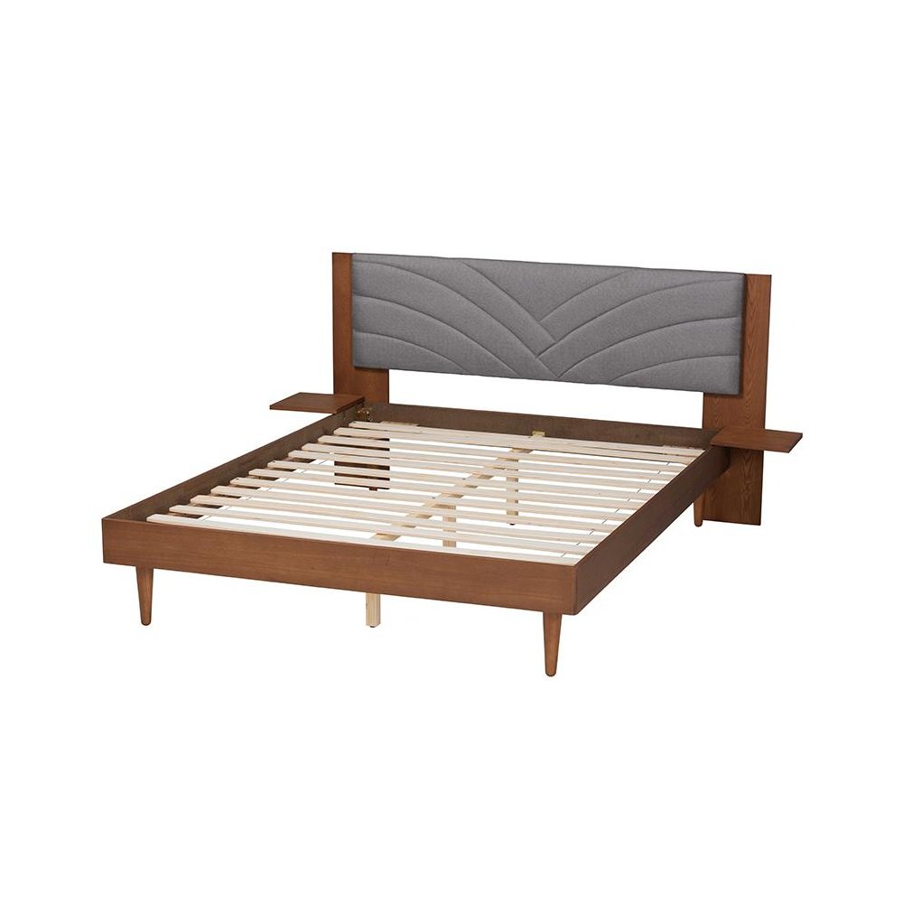 Walnut Brown Wood Queen Size Platform Bed With Floating Side Table