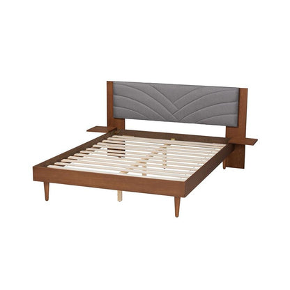 Walnut Brown Wood Queen Size Platform Bed With Floating Side Table