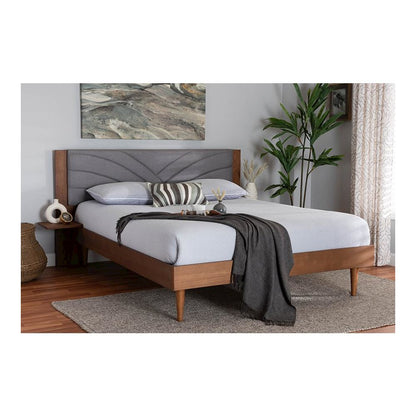 Walnut Brown Wood Queen Size Platform Bed With Floating Side Table