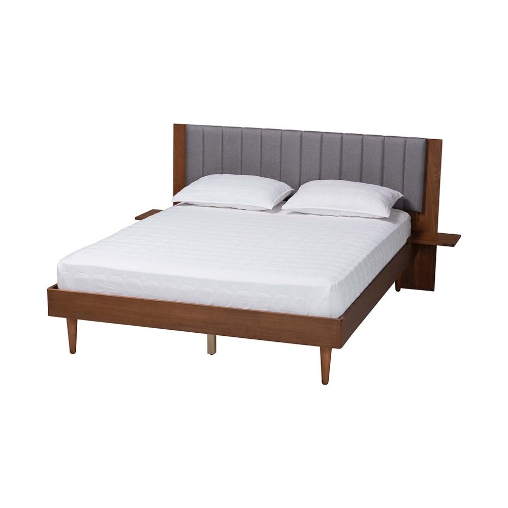Grey Fabric and Walnut Brown Wood Queen Size Bed with Built-In Side Tables