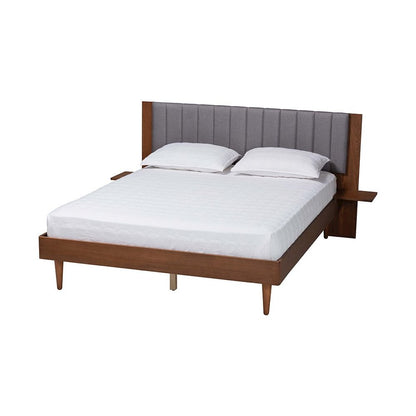 Grey Fabric and Walnut Brown Wood Queen Size Bed with Built-In Side Tables