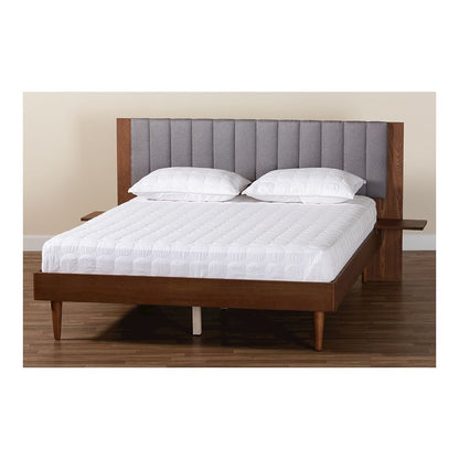 Grey Fabric and Walnut Brown Wood Queen Size Bed with Built-In Side Tables