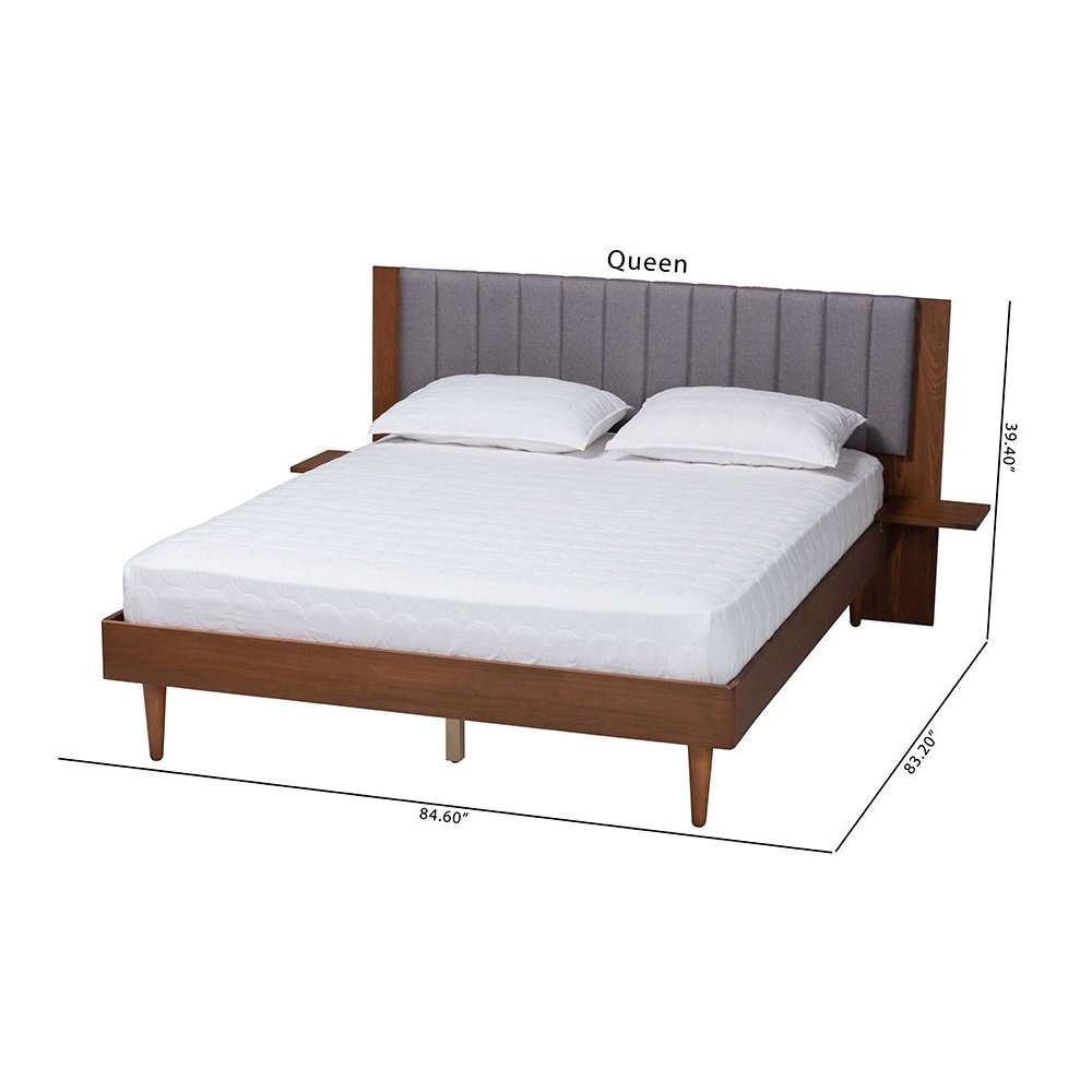 Grey Fabric and Walnut Brown Wood Queen Size Bed with Built-In Side Tables