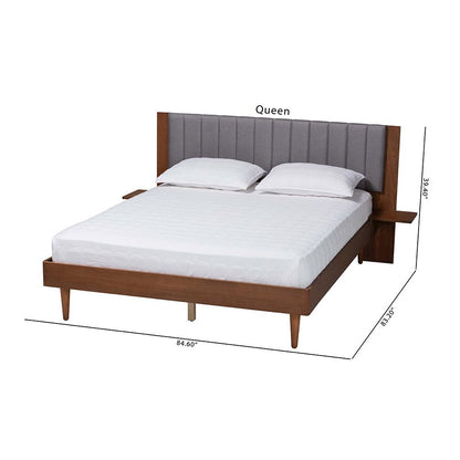 Grey Fabric and Walnut Brown Wood Queen Size Bed with Built-In Side Tables