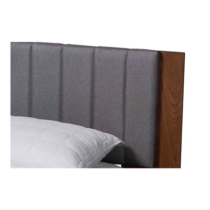 Grey Fabric and Walnut Brown Wood Queen Size Bed with Built-In Side Tables