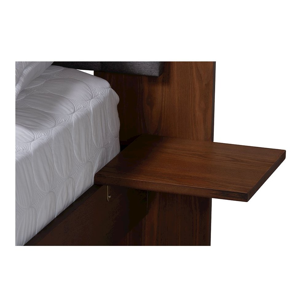 Grey Fabric and Walnut Brown Wood Queen Size Bed with Built-In Side Tables