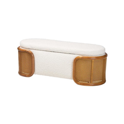 Baxton Studio Basira Japandi Cream Boucle Fabric Storage Bench with Woven Rattan