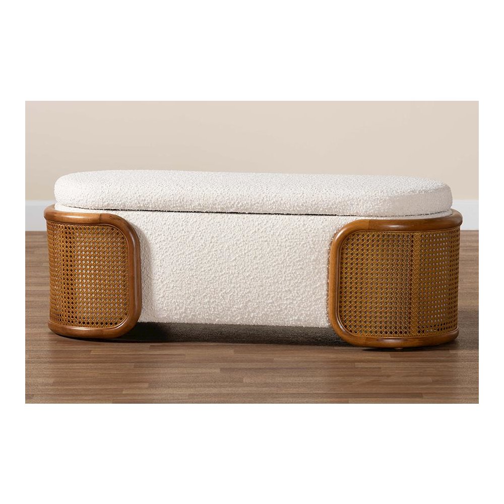 Baxton Studio Basira Japandi Cream Boucle Fabric Storage Bench with Woven Rattan