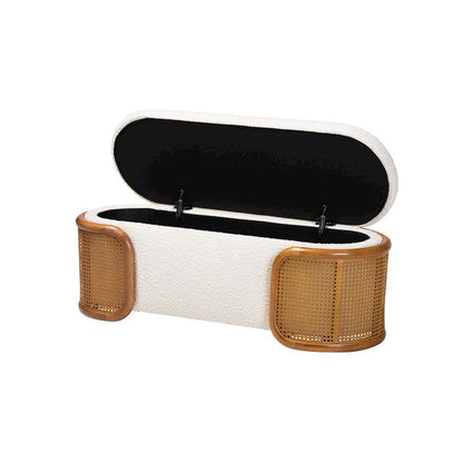 Baxton Studio Basira Japandi Cream Boucle Fabric Storage Bench with Woven Rattan