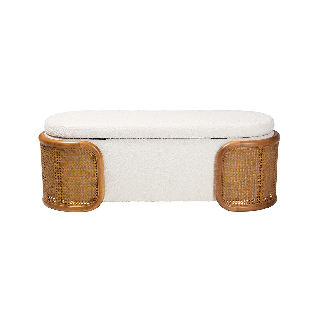 Baxton Studio Basira Japandi Cream Boucle Fabric Storage Bench with Woven Rattan