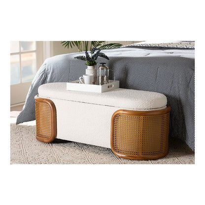 Baxton Studio Basira Japandi Cream Boucle Fabric Storage Bench with Woven Rattan